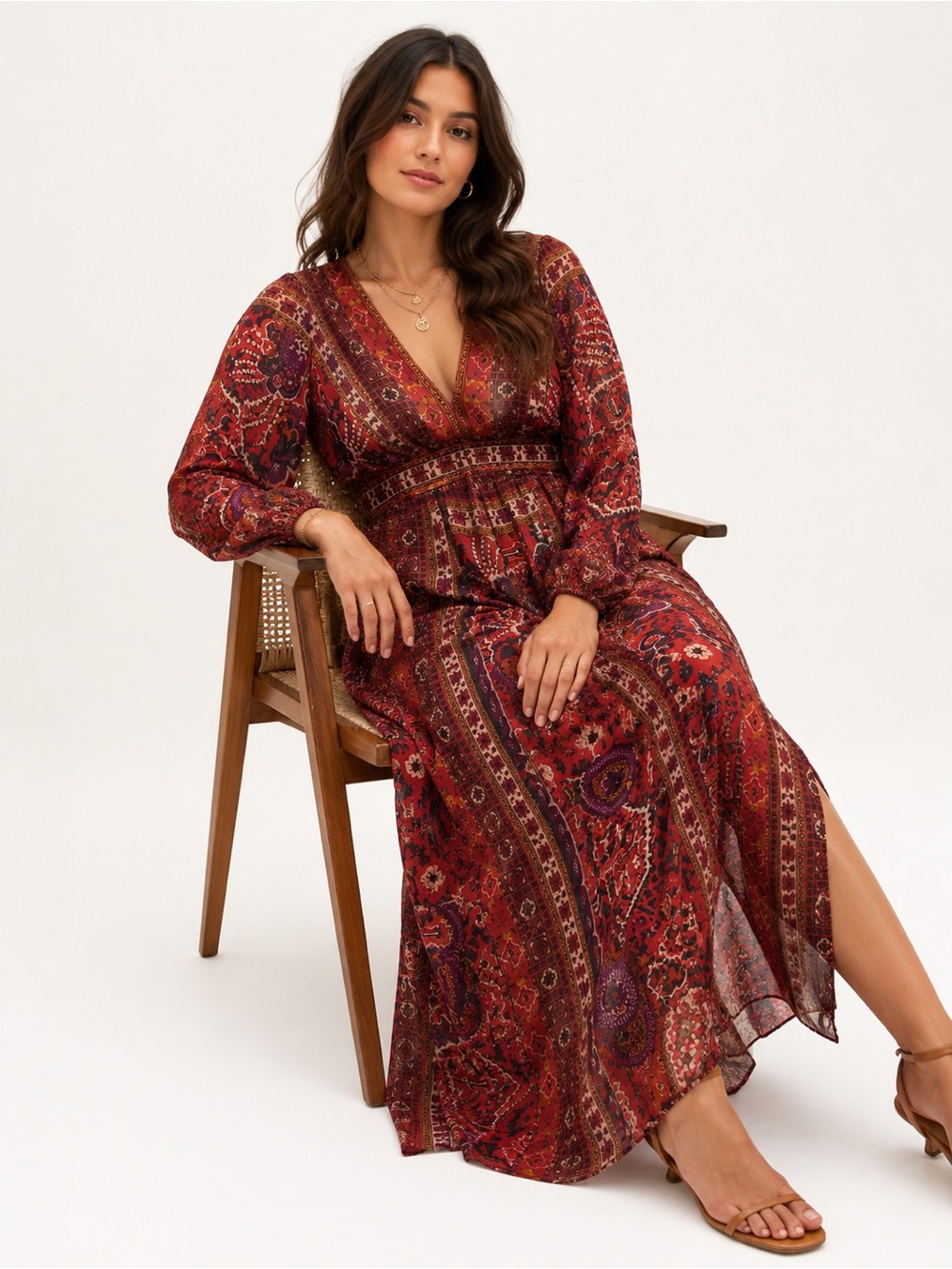 Anthropologie Ranna Gill Bohemian Paisley Floral Maxi Dress Rust Red Long Sleeve